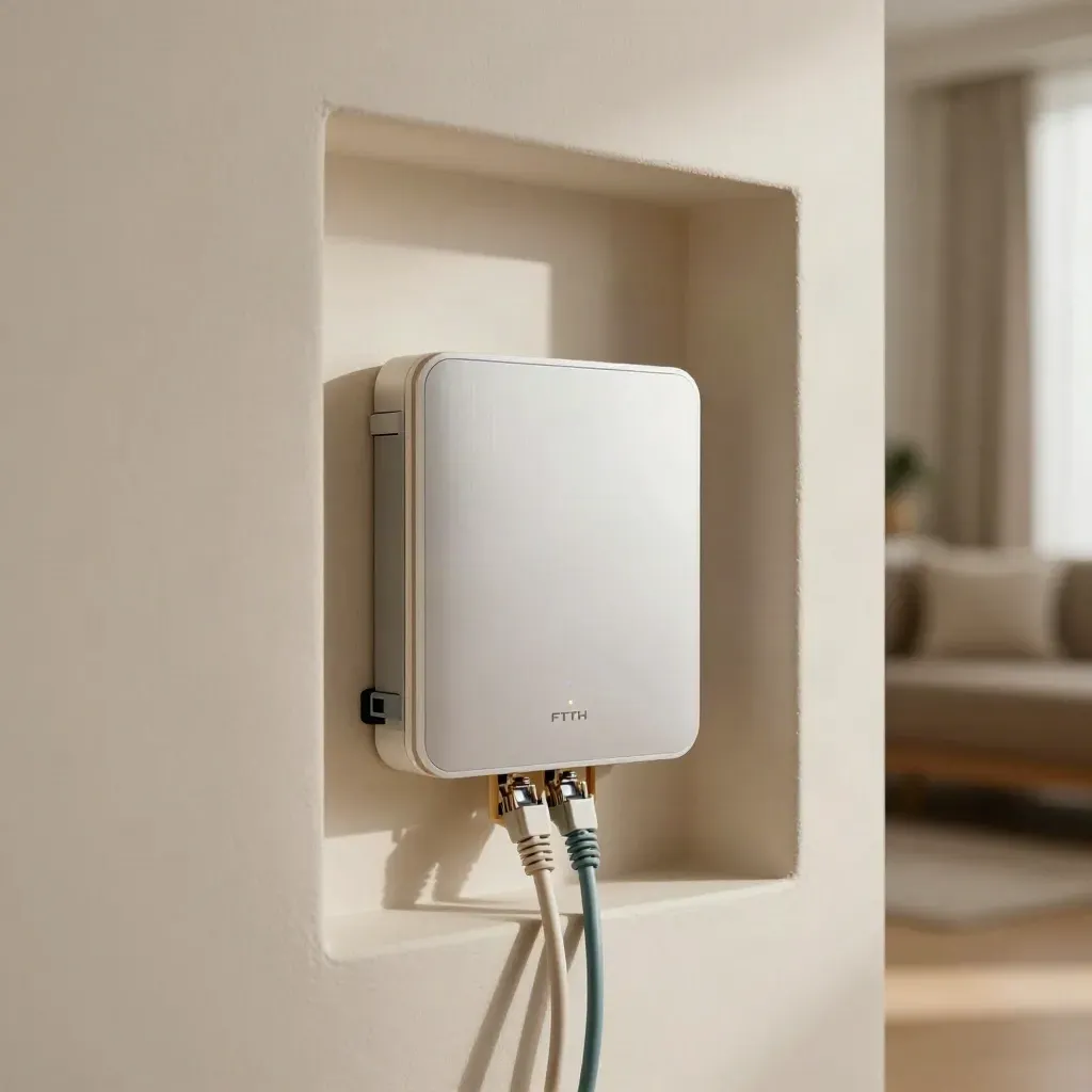Nichia tecnica domestica con modem FTTH, cavi Ethernet ordinati e spie stabili accese.