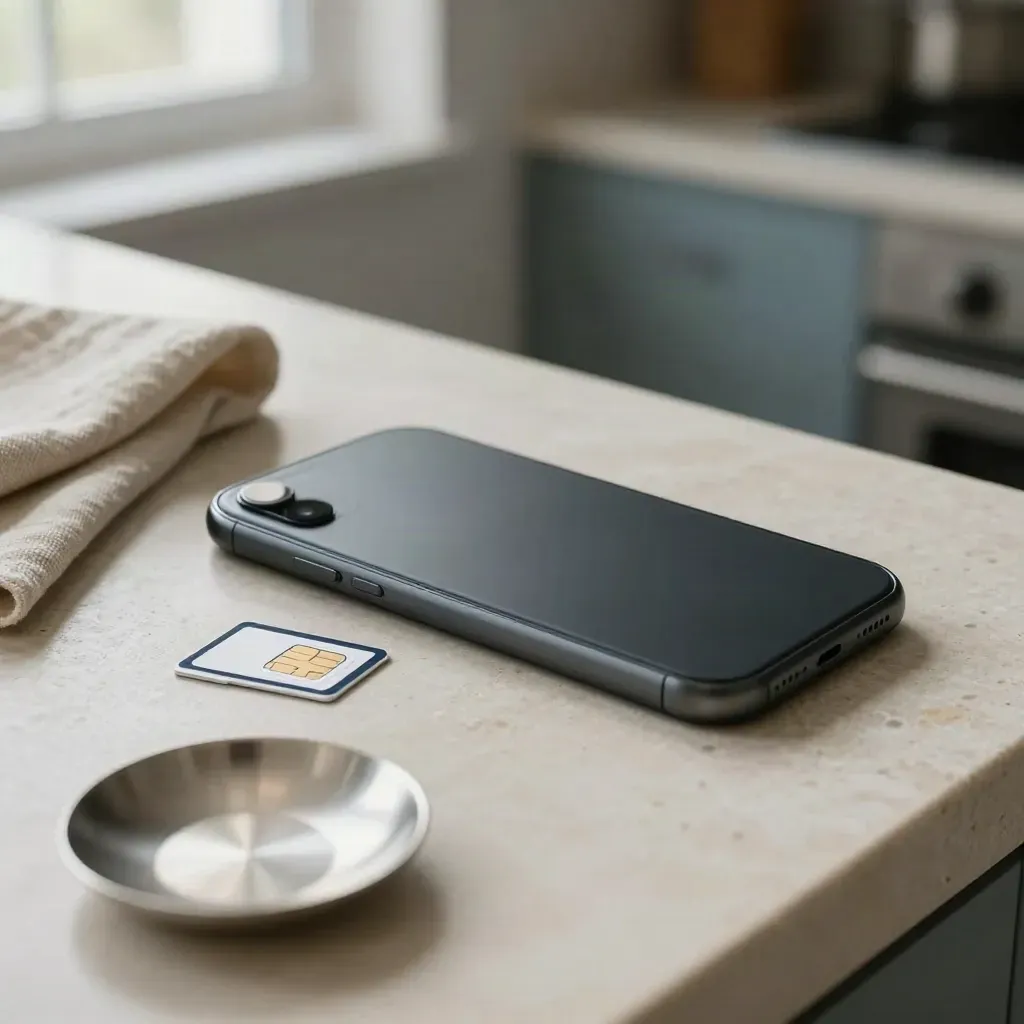 Smartphone a faccia in giù con nano-SIM su bancone chiaro di cucina, luce mattutina.