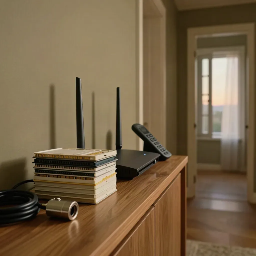 Tray SIM, router e base telefono su consolle d’ingresso in luce serale