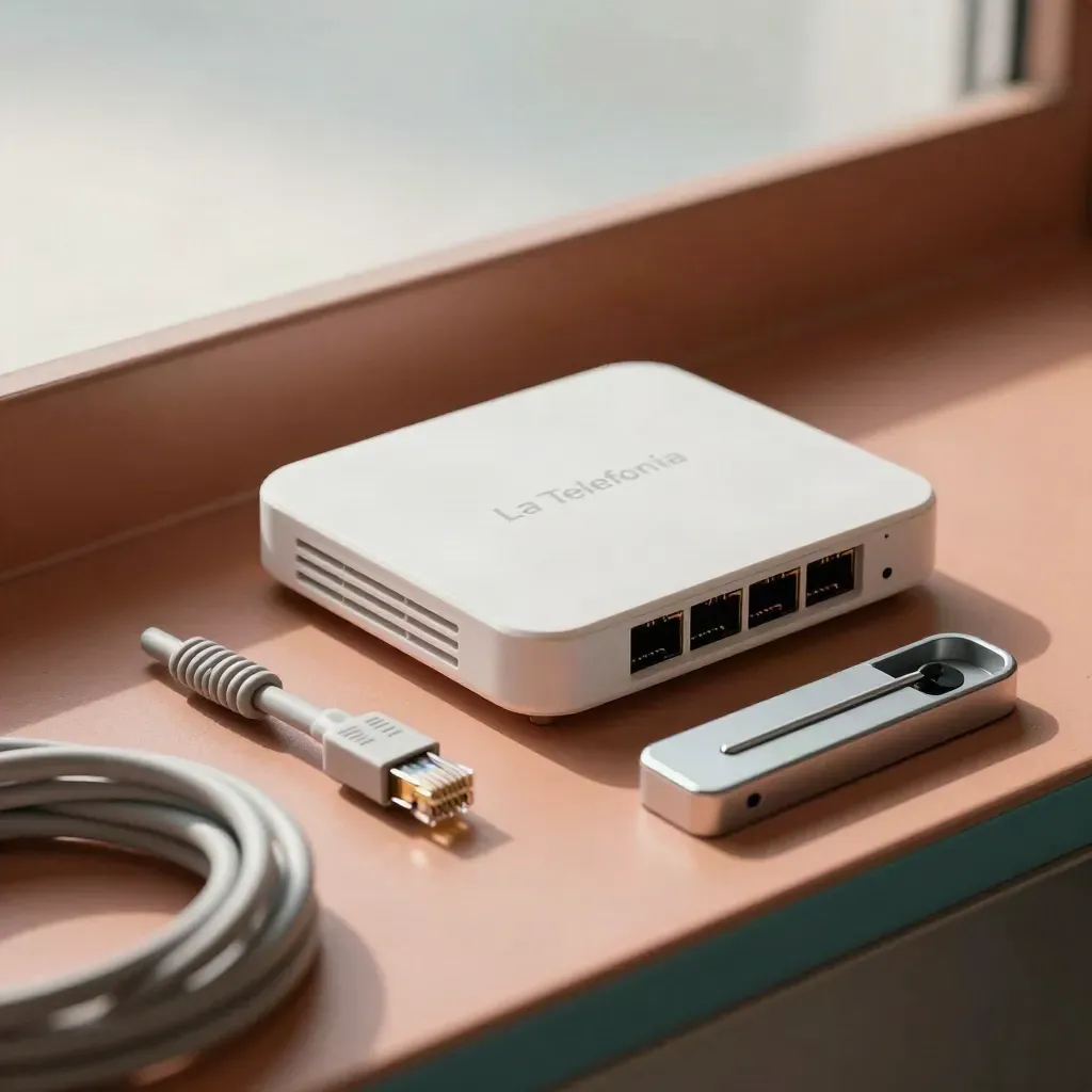 Modem, cavo Ethernet, splitter e pin reset su banco tecnico chiaro, luce morbida dall'alto.