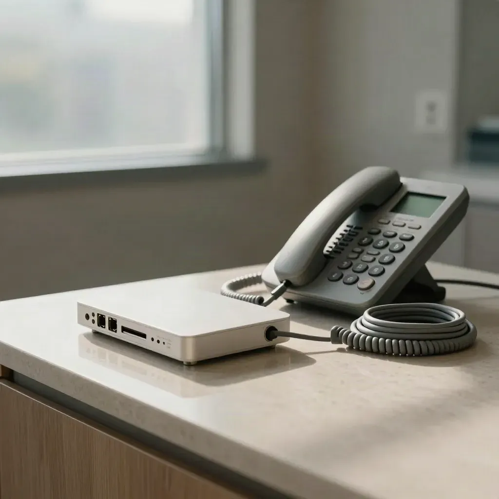 Reception medica con modem fibra, telefono VoIP e base di ricarica ordinata.