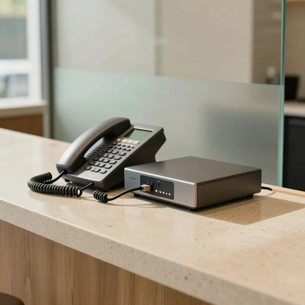 Centralino multi-linea su banco di agenzia immobiliare, con gateway VoIP e luce soffusa