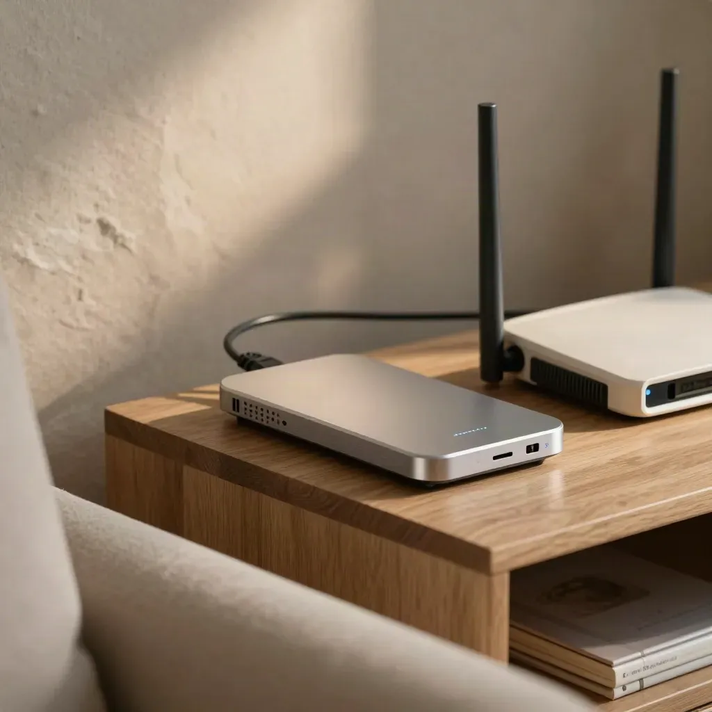 Modem e base telefono ripristinati su consolle chiara, soggiorno caldo e silenzioso.