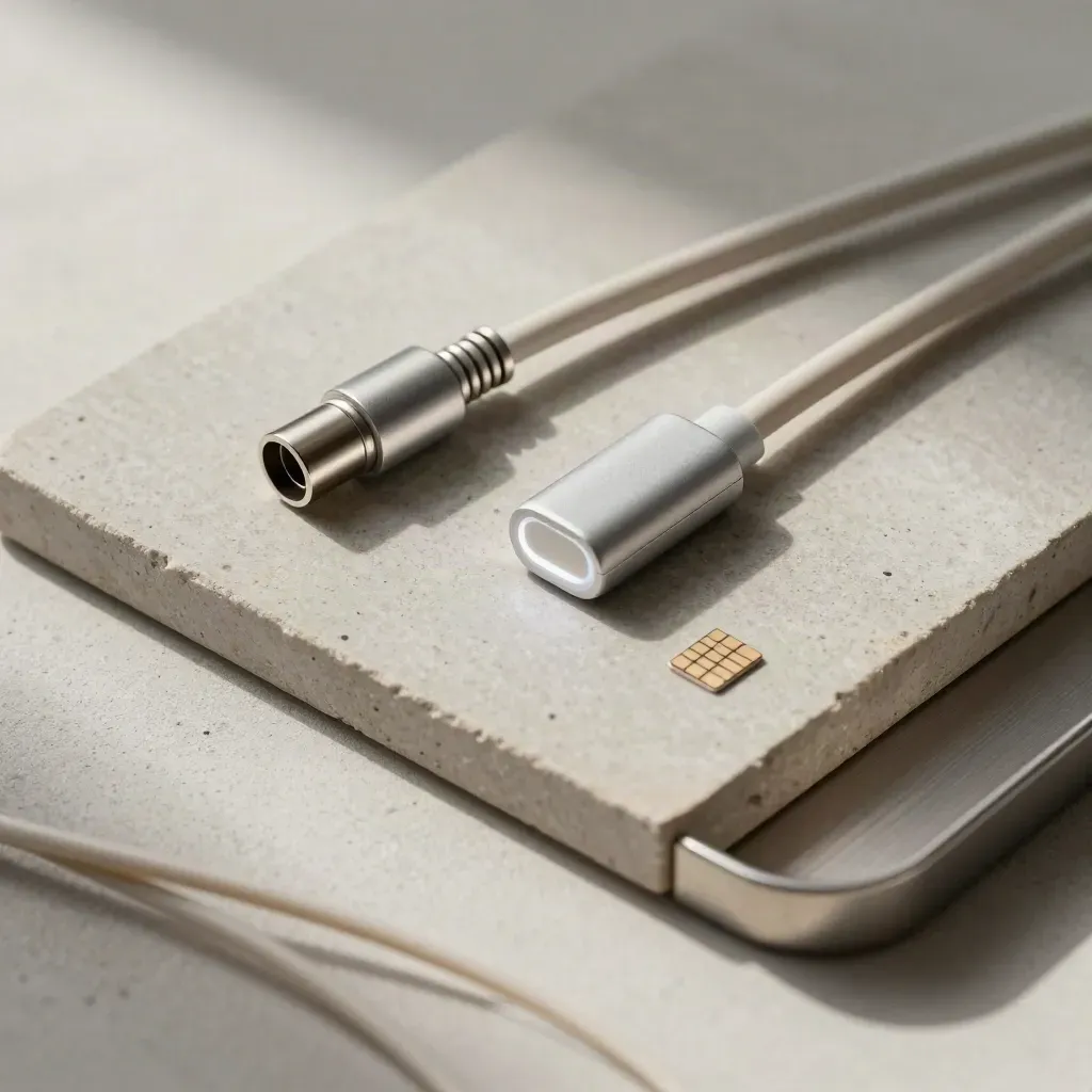 Cavo fibra, puck di test e nano-SIM su lastra di pietra, con luce radente e ombre brevi.