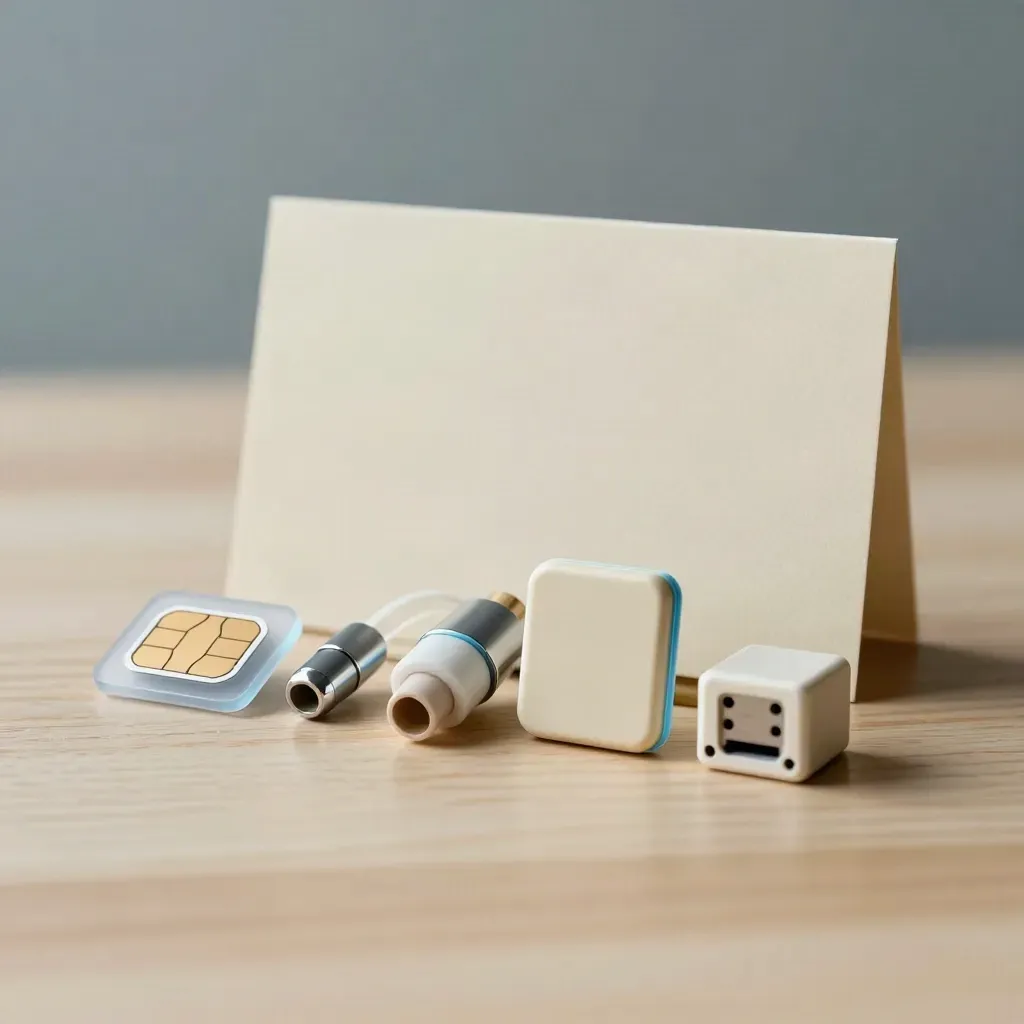 Quattro gettoni telecom su legno chiaro, disposti come opzioni di piano con luce morbida laterale.