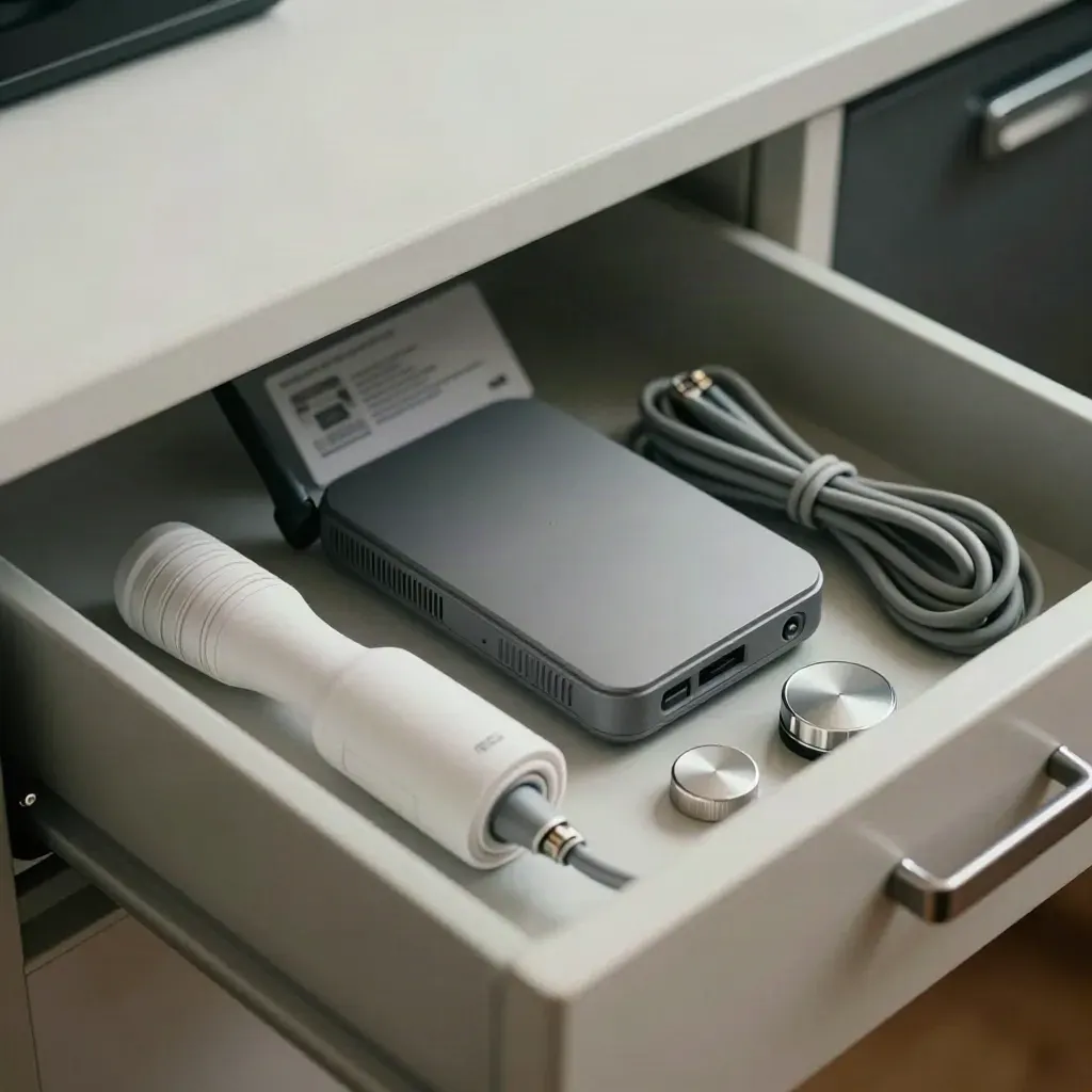 Cassetto tecnico con router, base cordless, cavi Ethernet e puck diagnostico su fondo chiaro.