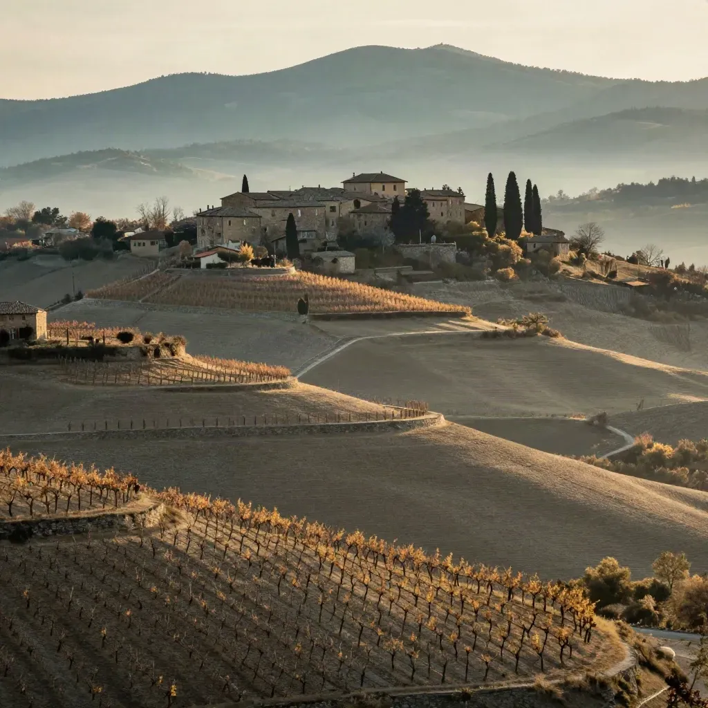 Terrazze vitate delle Langhe al tramonto con borgo collinare e Alpi in foschia