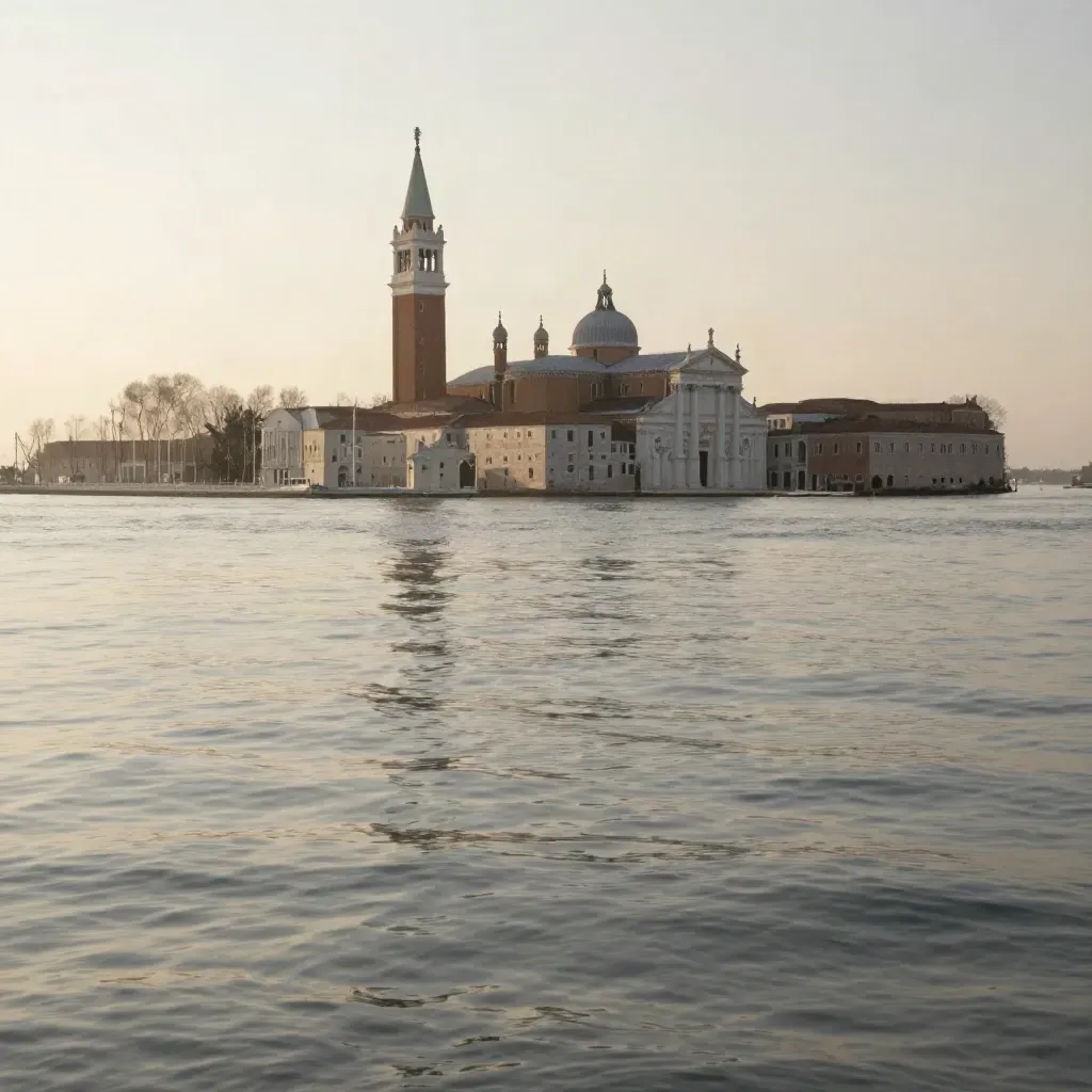 Laguna veneziana all’alba con San Giorgio Maggiore e cupole lontane nella foschia.